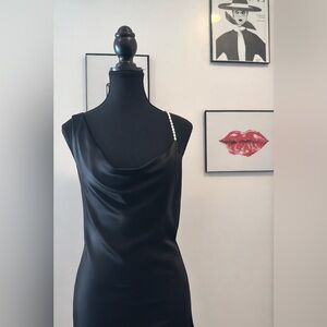 ZARA Black Satin Cowl Neck Top with Pearl Strap Detail